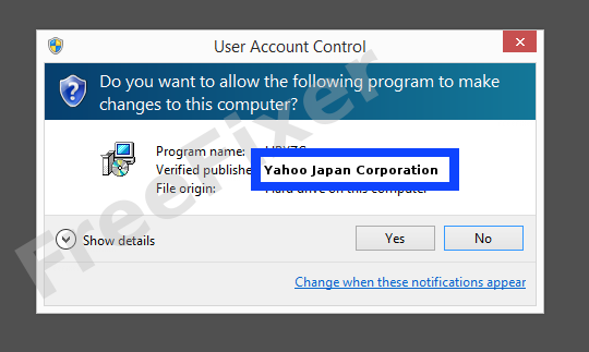 Screenshot where Yahoo Japan Corporation appears as the verified publisher in the UAC dialog